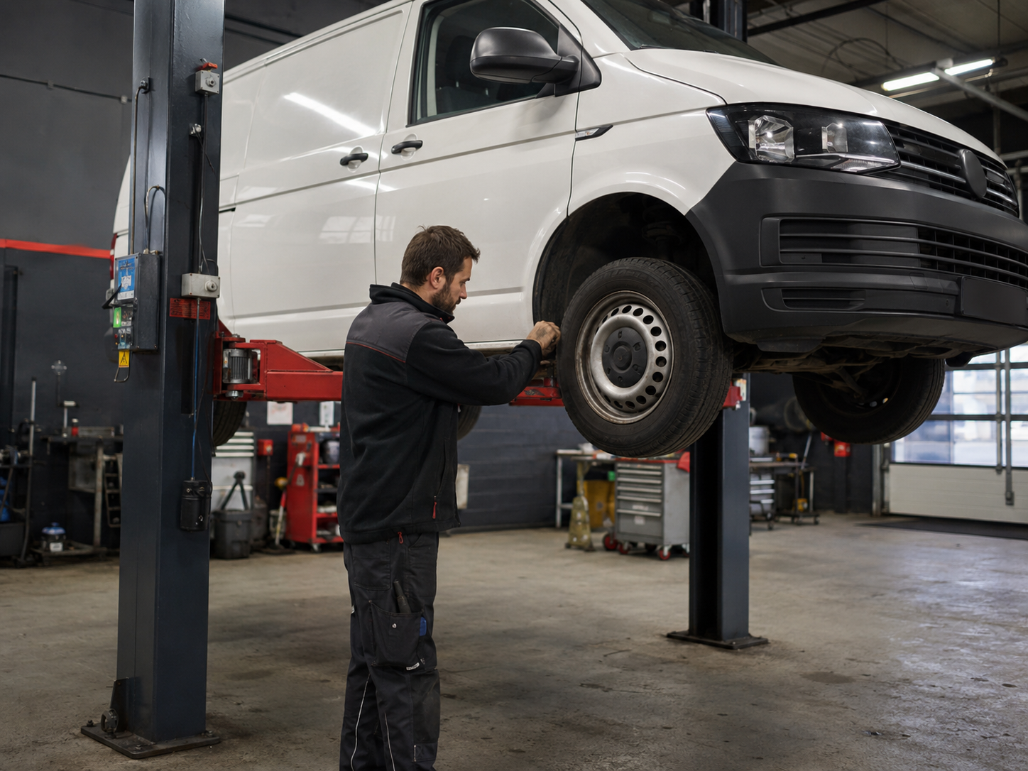 Monteur voert APK-keuring uit op een bedrijfswagen bij Autoservice Marvin in Cuijk