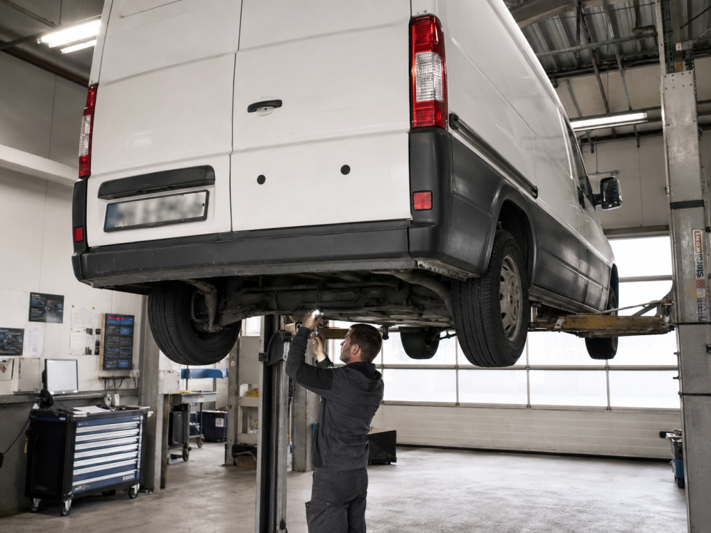 Monteur voert APK-keuring uit op een bedrijfswagen bij Autoservice Marvin in Cuijk