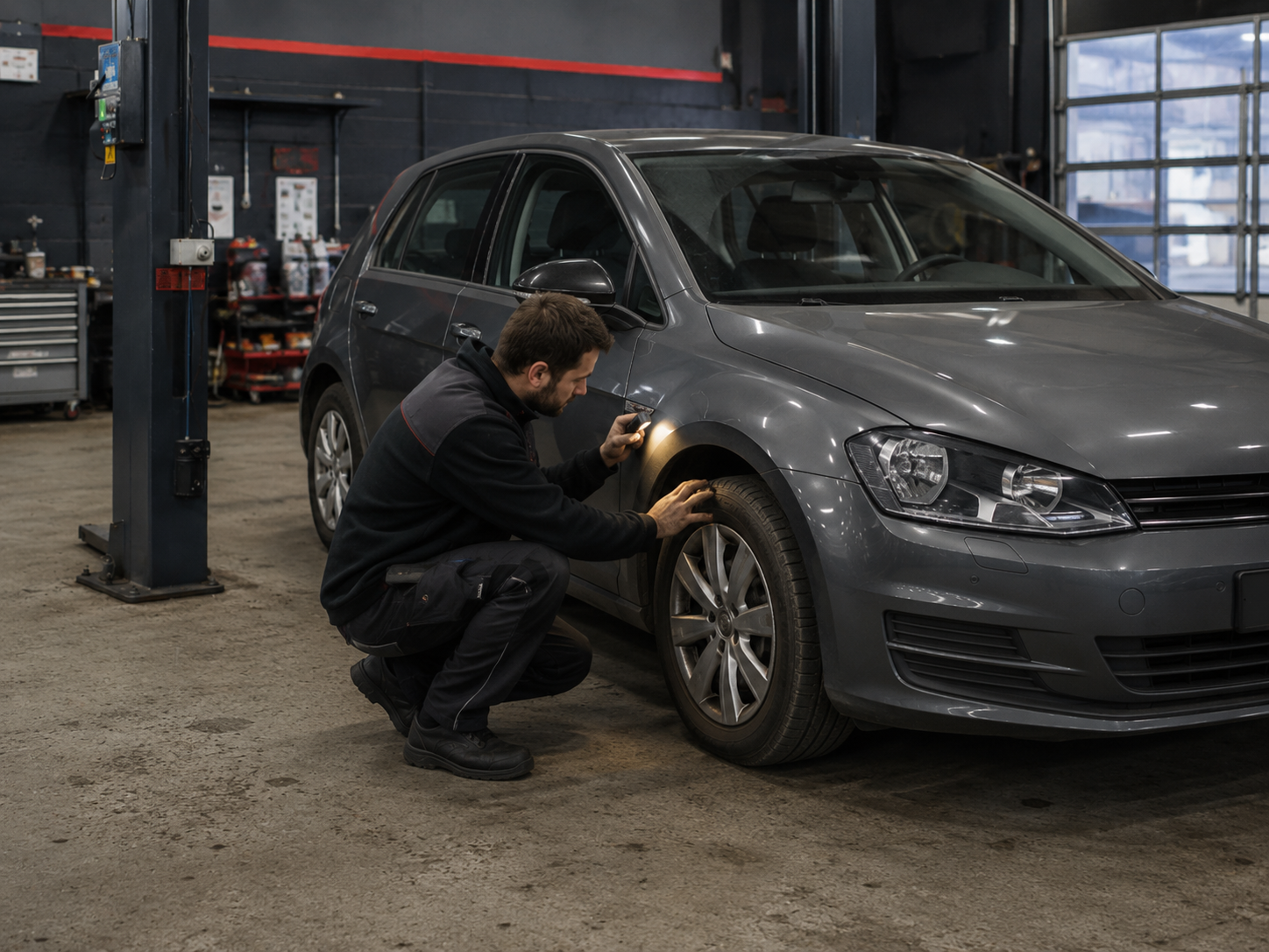 Monteur voert APK-keuring uit op een personenauto bij Autoservice Marvin in Cuijk