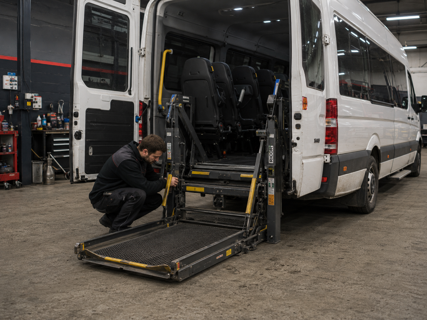 Monteur keurt de rolstoellift van een rolstoelbus tijdens APK bij Autoservice Marvin in Cuijk